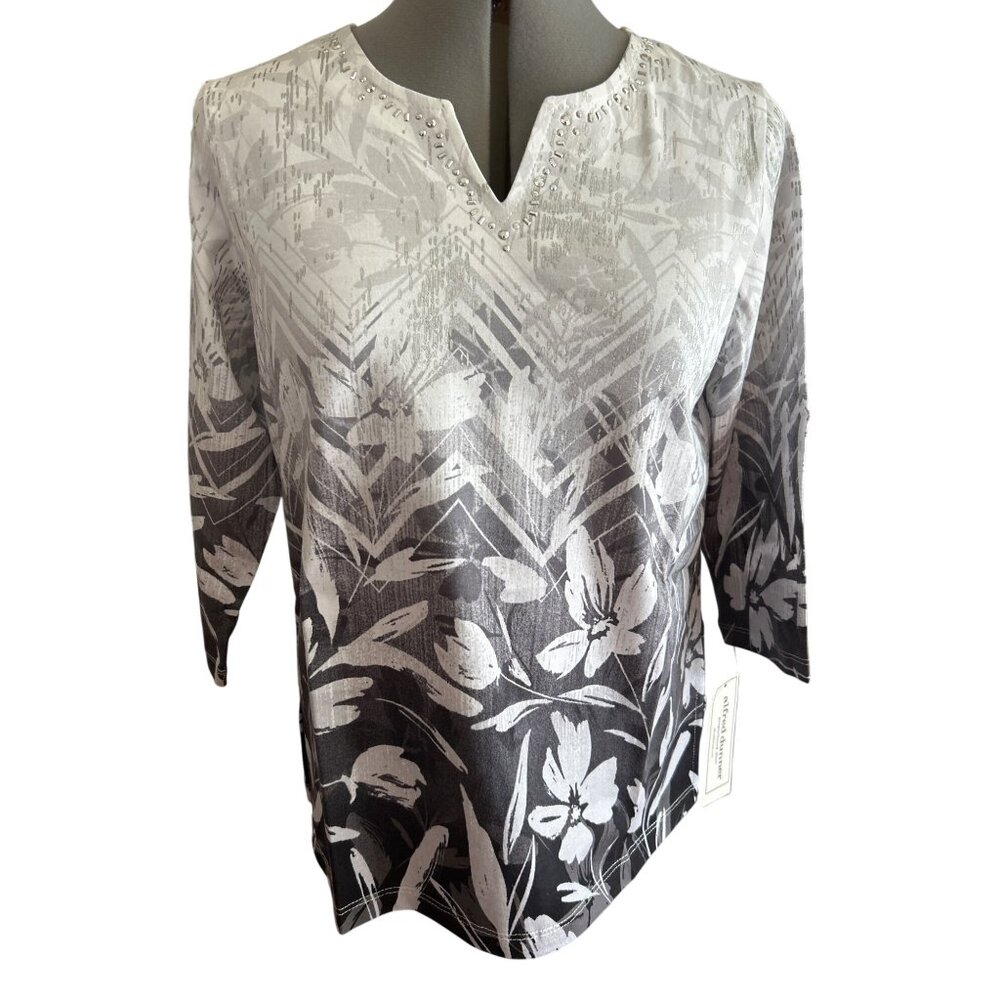 Alfred Dunner Petite PS Floral Ombre 3/4 Sleeve Top With Studded Neckline